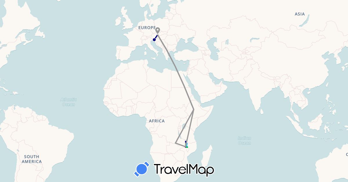 TravelMap itinerary: driving, bus, plane, hiking, boat, motorbike in Austria, Democratic Republic of the Congo, Ethiopia, Malawi, Slovenia (Africa, Europe)
